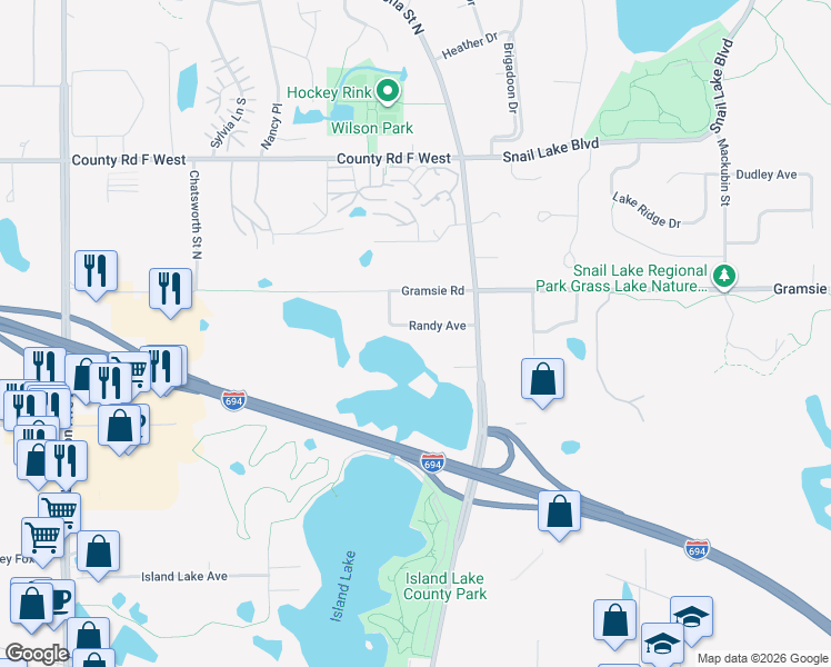 map of restaurants, bars, coffee shops, grocery stores, and more near 782 Randy Avenue in Shoreview