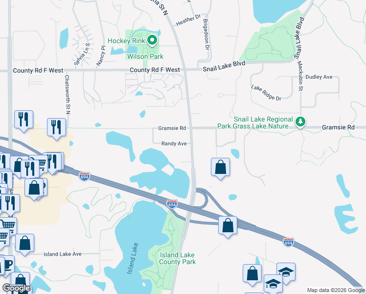 map of restaurants, bars, coffee shops, grocery stores, and more near 744 Randy Avenue in Shoreview