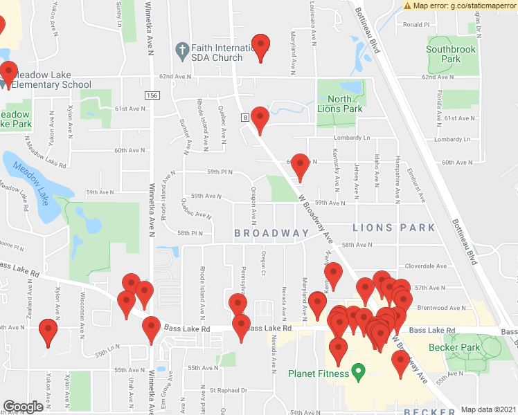 map of restaurants, bars, coffee shops, grocery stores, and more near 7417 59th Avenue North in Minneapolis