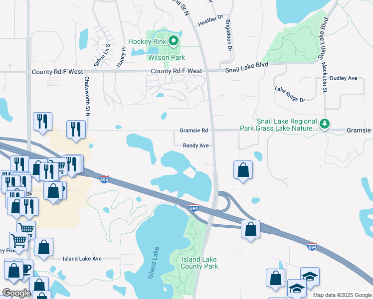 map of restaurants, bars, coffee shops, grocery stores, and more near 782 Randy Avenue in Shoreview