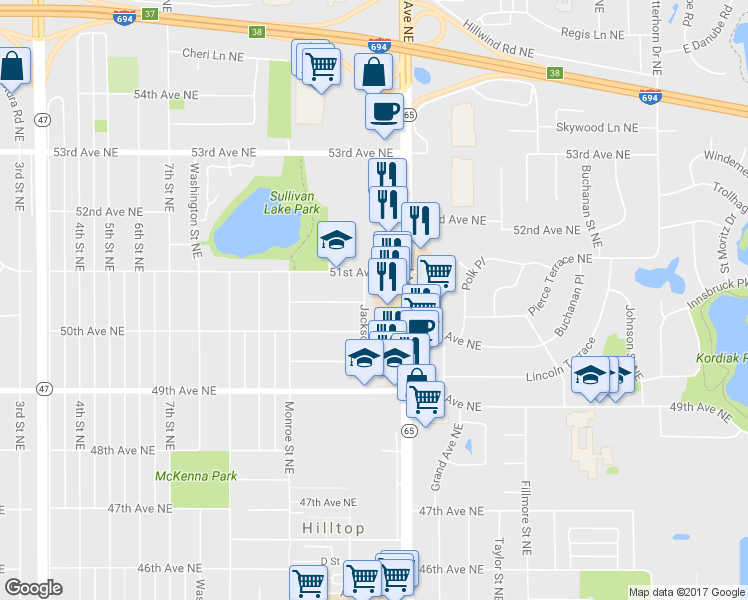 map of restaurants, bars, coffee shops, grocery stores, and more near 5031 Jackson Street Northeast in Minneapolis