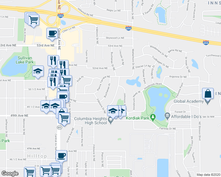 map of restaurants, bars, coffee shops, grocery stores, and more near 1364 Buchanan Place in Columbia Heights