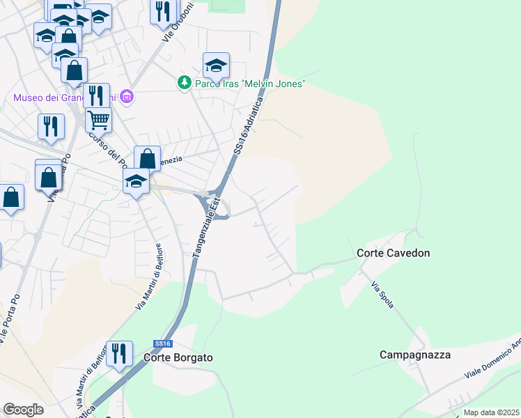 map of restaurants, bars, coffee shops, grocery stores, and more near 68 Via Concilio Vaticano II in Rovigo