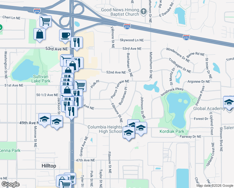 map of restaurants, bars, coffee shops, grocery stores, and more near 1330 Pierce Terrace Northeast in Minneapolis