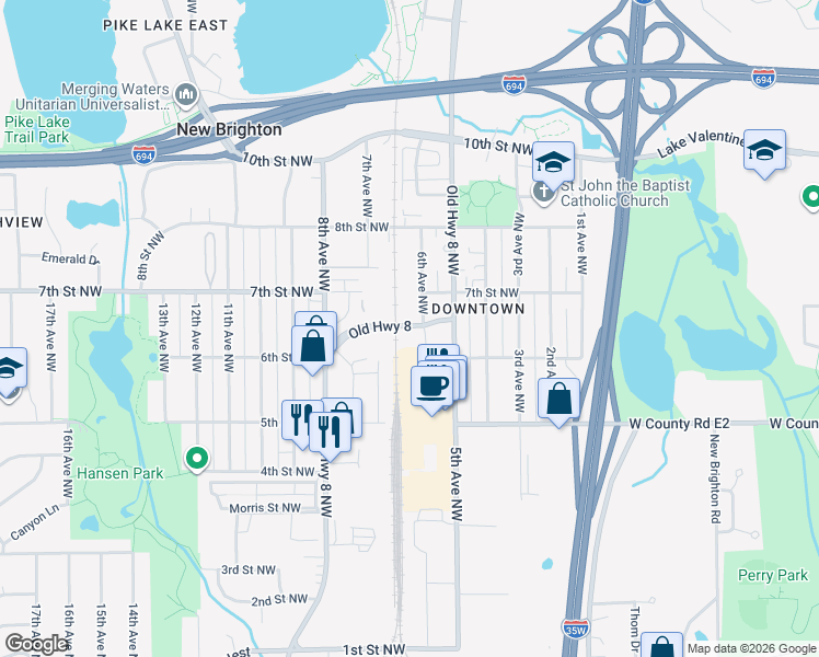 map of restaurants, bars, coffee shops, grocery stores, and more near 85969 Old Highway 8 in New Brighton