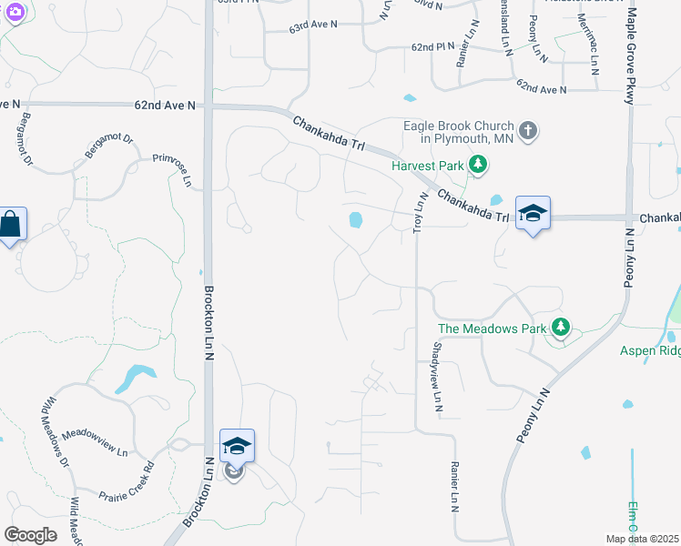 map of restaurants, bars, coffee shops, grocery stores, and more near 5830 Walnut Grove Lane North in Plymouth