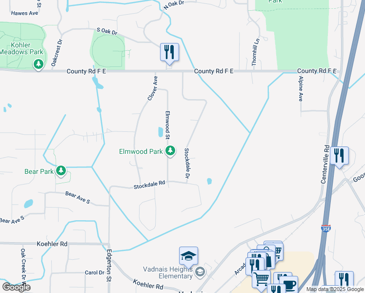 map of restaurants, bars, coffee shops, grocery stores, and more near 3923 Stockdale Drive in Vadnais Heights