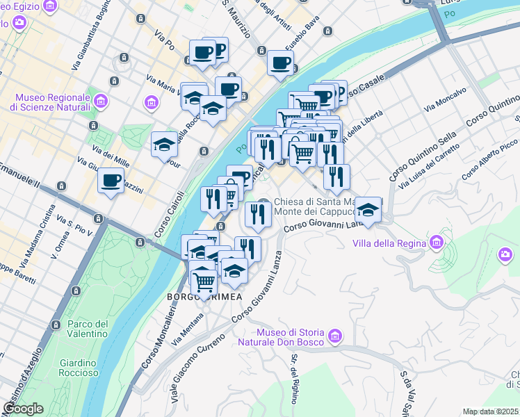 map of restaurants, bars, coffee shops, grocery stores, and more near 9 Via Vittorio Amedeo Gioanetti in Torino