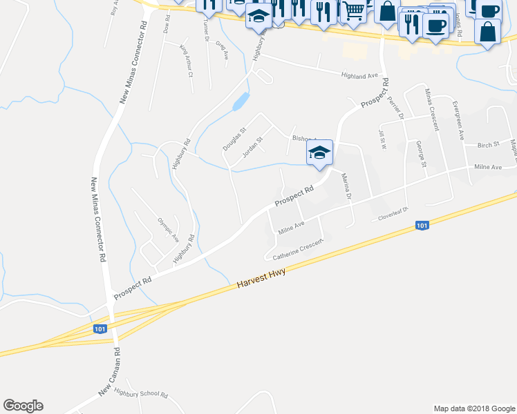 map of restaurants, bars, coffee shops, grocery stores, and more near 5633 Prospect Road in New Minas