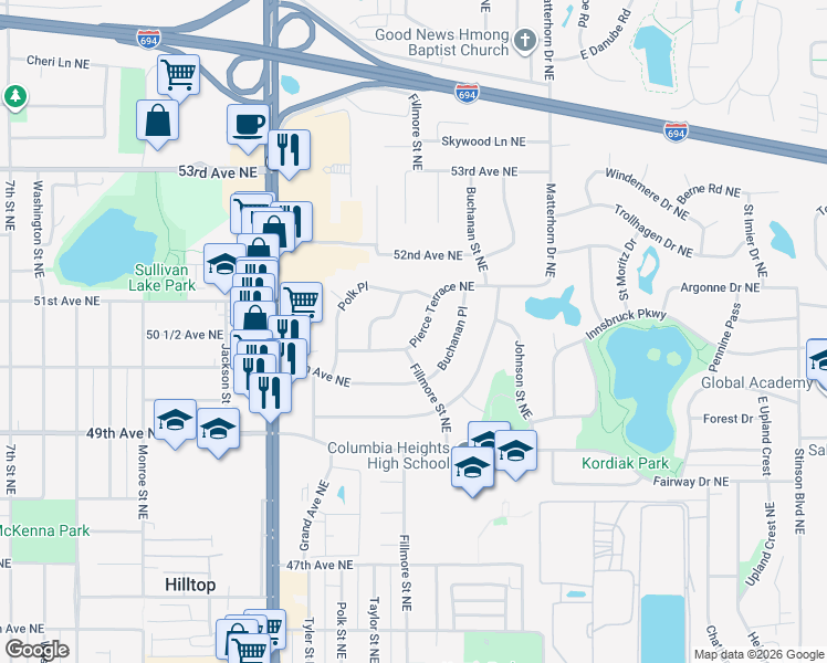 map of restaurants, bars, coffee shops, grocery stores, and more near 1330 Pierce Terrace Northeast in Minneapolis