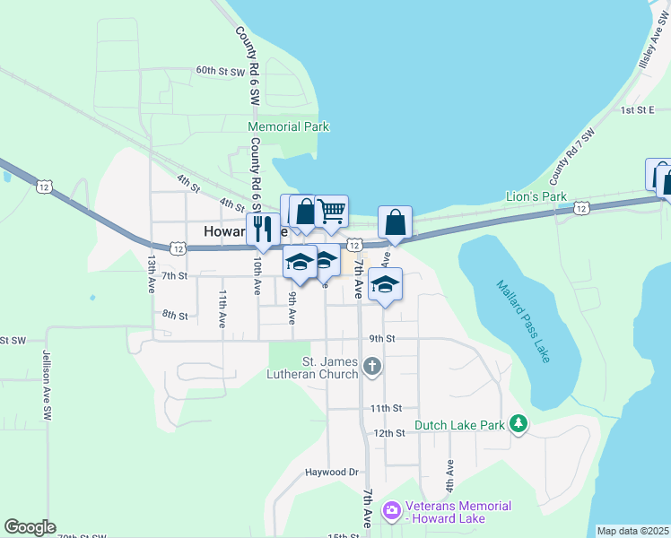 map of restaurants, bars, coffee shops, grocery stores, and more near in Howard Lake