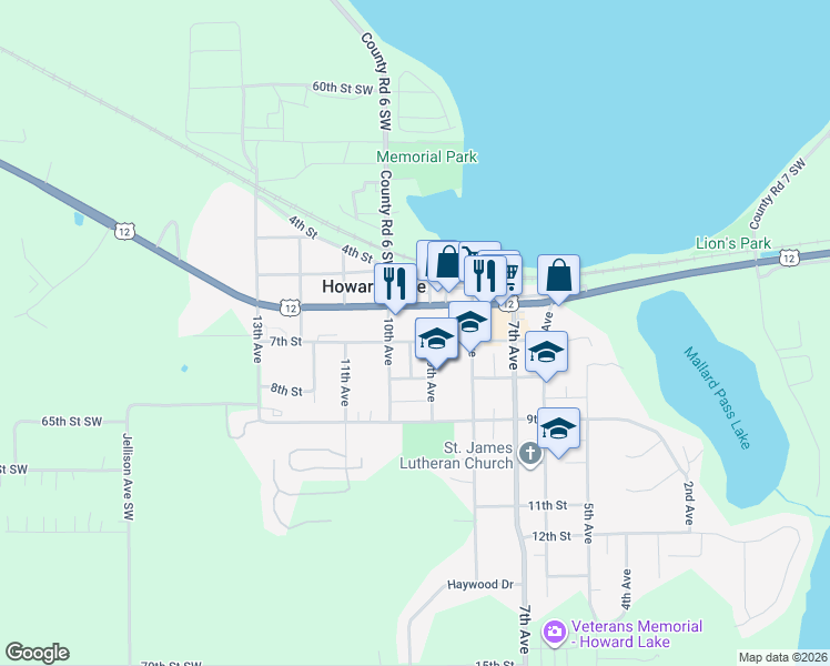 map of restaurants, bars, coffee shops, grocery stores, and more near 905 7th Street in Howard Lake