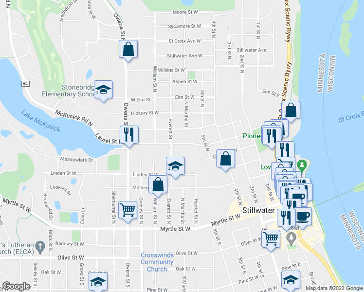 map of restaurants, bars, coffee shops, grocery stores, and more near 407 Laurel Street West in Stillwater