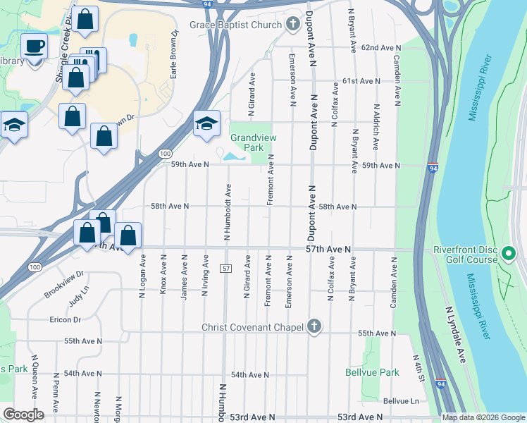 map of restaurants, bars, coffee shops, grocery stores, and more near 5743 Fremont Avenue North in Minneapolis