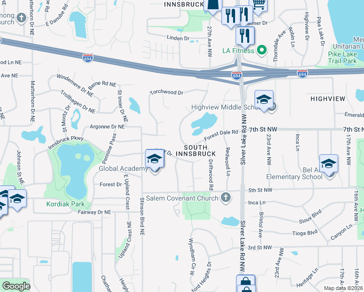 map of restaurants, bars, coffee shops, grocery stores, and more near 2857 Forest Dale Road in New Brighton