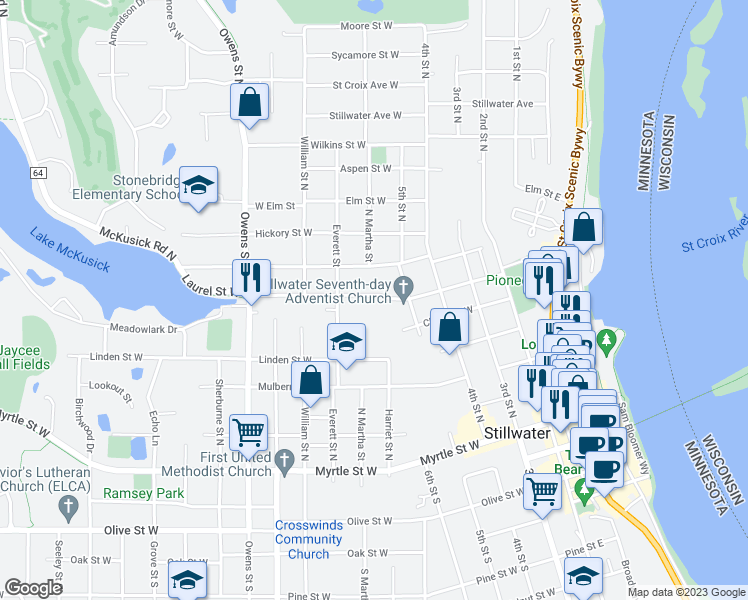 map of restaurants, bars, coffee shops, grocery stores, and more near 329 Laurel Street West in Stillwater