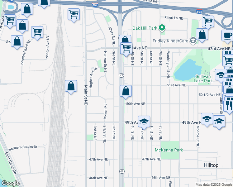map of restaurants, bars, coffee shops, grocery stores, and more near 5045 3rd Street Northeast in Fridley