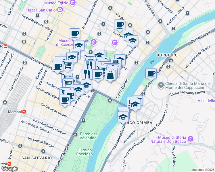 map of restaurants, bars, coffee shops, grocery stores, and more near 23 Via Fratelli Calandra in Turin