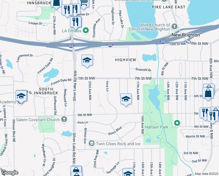 map of restaurants, bars, coffee shops, grocery stores, and more near 669 Inca Lane in New Brighton