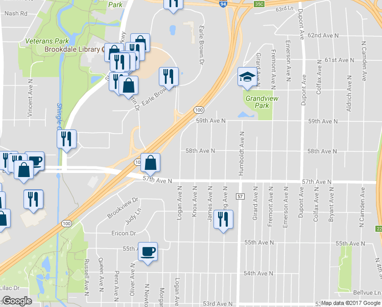 map of restaurants, bars, coffee shops, grocery stores, and more near 5733 Knox Avenue North in Minneapolis