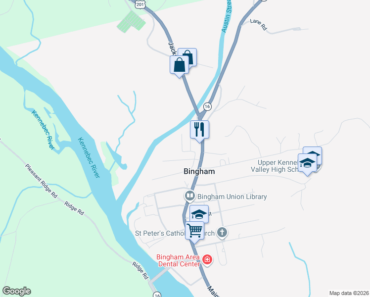 map of restaurants, bars, coffee shops, grocery stores, and more near 15 Whitney Street in Bingham