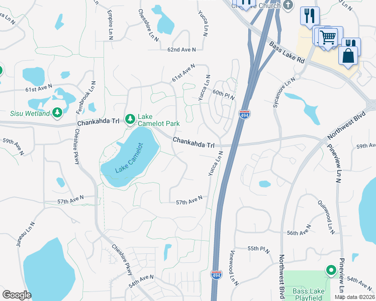 map of restaurants, bars, coffee shops, grocery stores, and more near 13705 58th Avenue North in Minneapolis