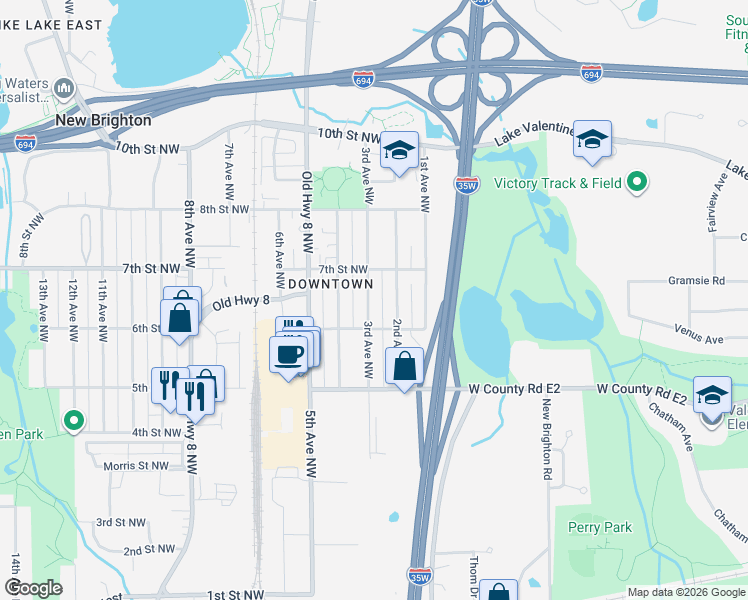 map of restaurants, bars, coffee shops, grocery stores, and more near 645 3rd Avenue Northwest in New Brighton