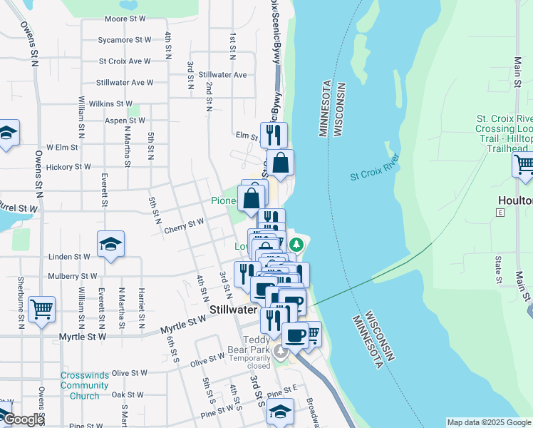 map of restaurants, bars, coffee shops, grocery stores, and more near 501 Main Street North in Stillwater