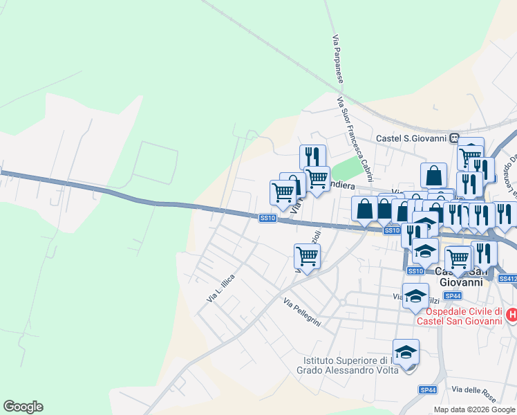 map of restaurants, bars, coffee shops, grocery stores, and more near 2 Via M. Buonarroti in Castel San Giovanni