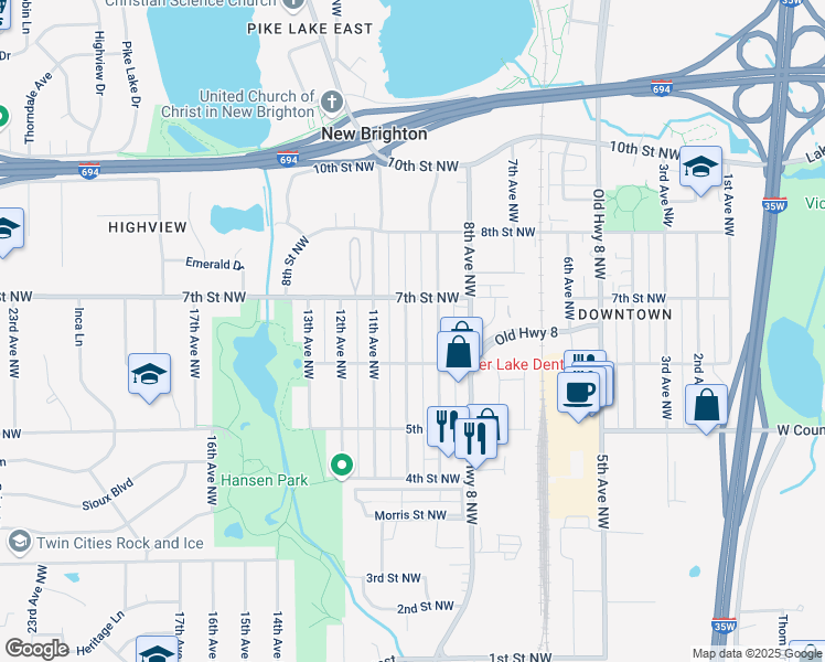 map of restaurants, bars, coffee shops, grocery stores, and more near 636 10th Avenue Northwest in New Brighton