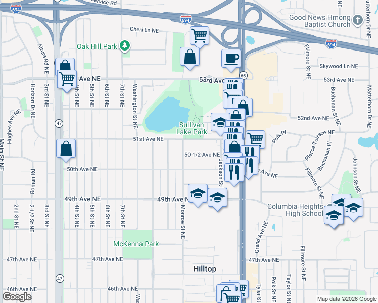 map of restaurants, bars, coffee shops, grocery stores, and more near 715 50 1/2 Avenue Northeast in Columbia Heights