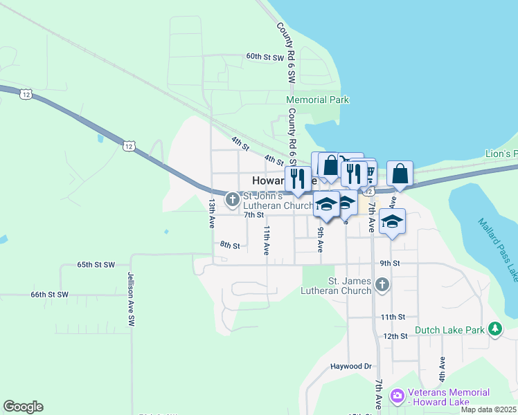 map of restaurants, bars, coffee shops, grocery stores, and more near 1021 7th Street in Howard Lake