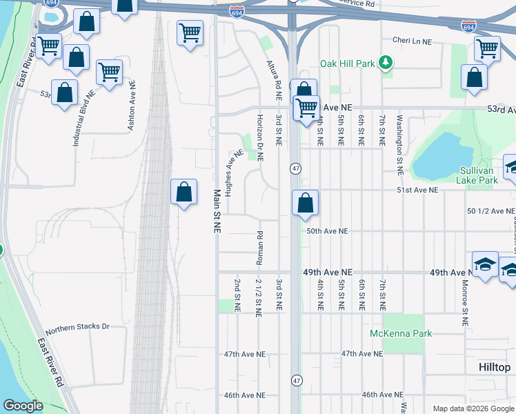 map of restaurants, bars, coffee shops, grocery stores, and more near 5060 Topper Lane Northeast in Fridley