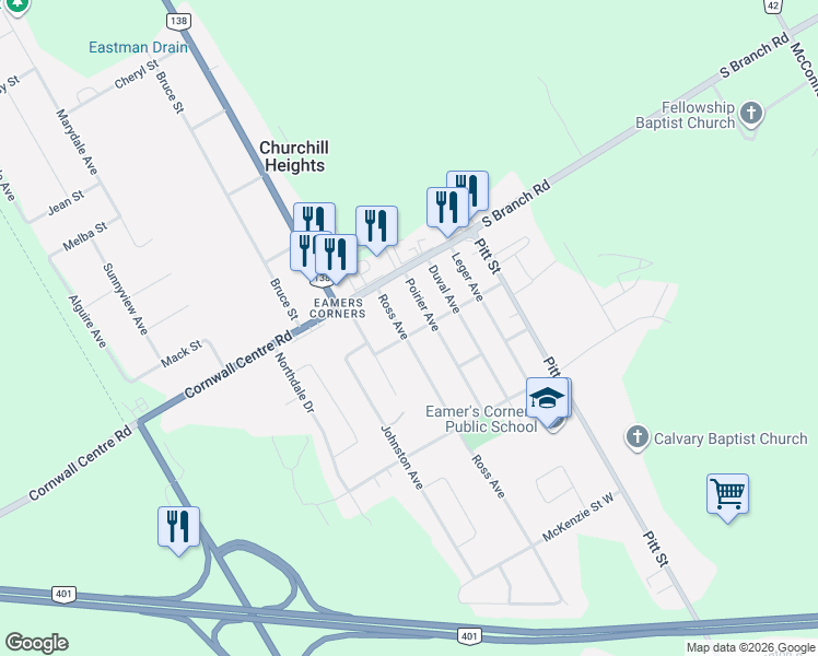 map of restaurants, bars, coffee shops, grocery stores, and more near 3301 Ross Avenue in Cornwall