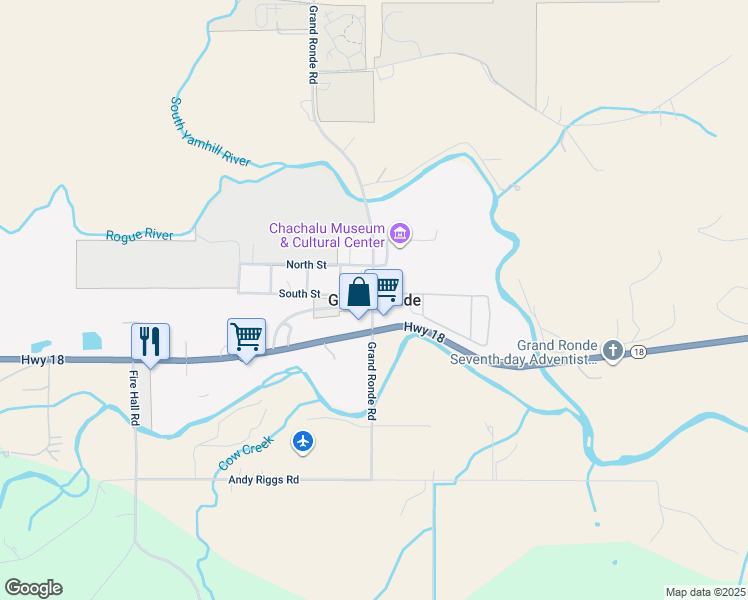 map of restaurants, bars, coffee shops, grocery stores, and more near in Grand Ronde