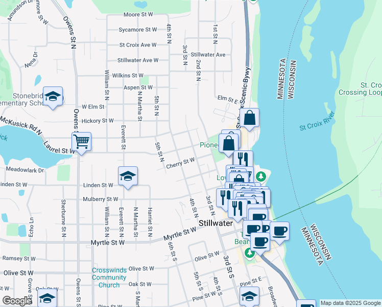 map of restaurants, bars, coffee shops, grocery stores, and more near 510 3rd Street North in Stillwater