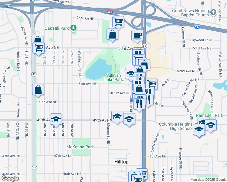 map of restaurants, bars, coffee shops, grocery stores, and more near 715 50 1/2 Avenue Northeast in Columbia Heights