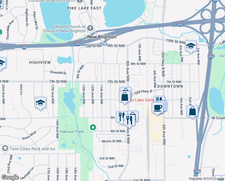 map of restaurants, bars, coffee shops, grocery stores, and more near 636 10th Avenue Northwest in New Brighton