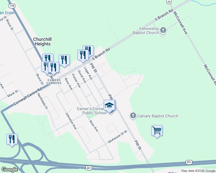 map of restaurants, bars, coffee shops, grocery stores, and more near 3007 Pitt Street in Cornwall