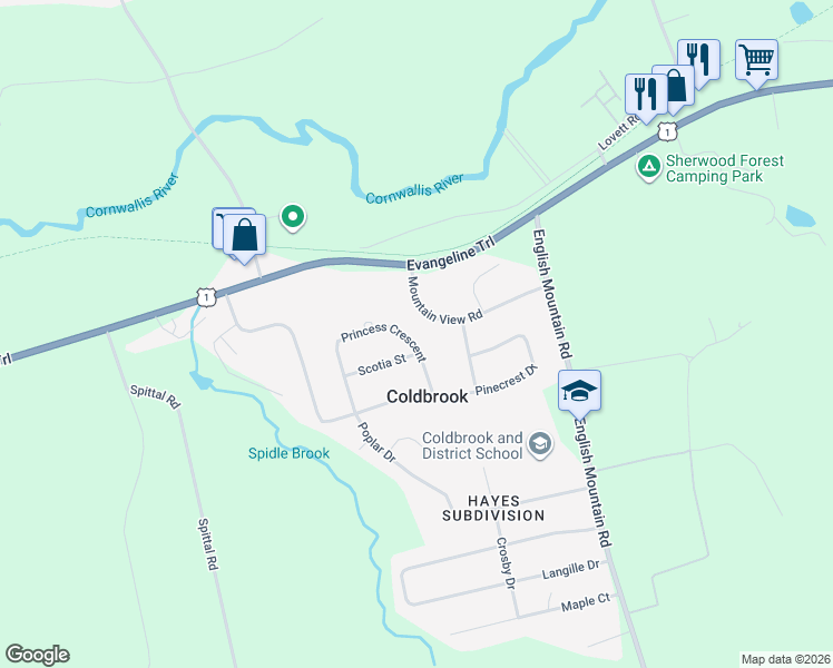 map of restaurants, bars, coffee shops, grocery stores, and more near 1403 Princess Crescent in Coldbrook