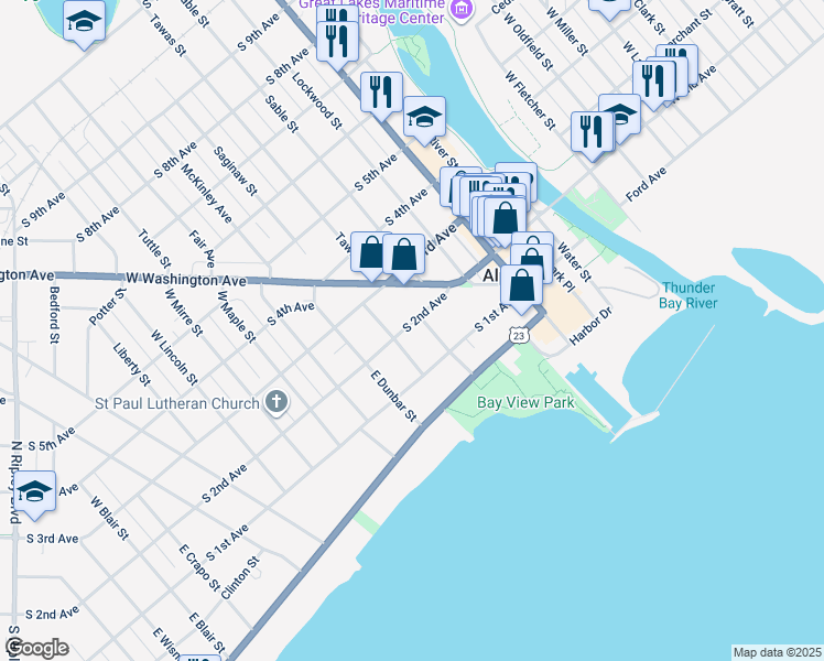 map of restaurants, bars, coffee shops, grocery stores, and more near 100-198 Hitchcock Street in Alpena