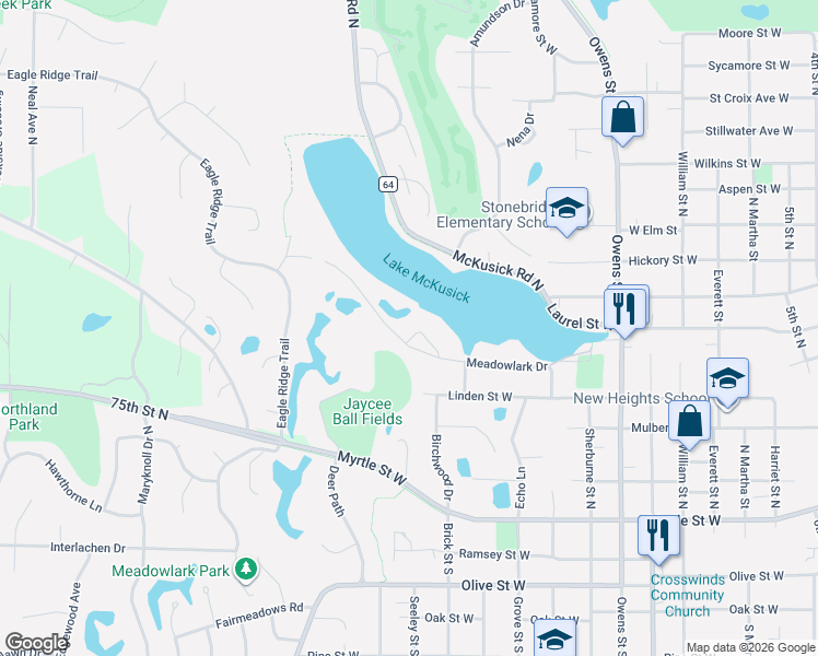 map of restaurants, bars, coffee shops, grocery stores, and more near 1632 Meadowlark Drive in Stillwater