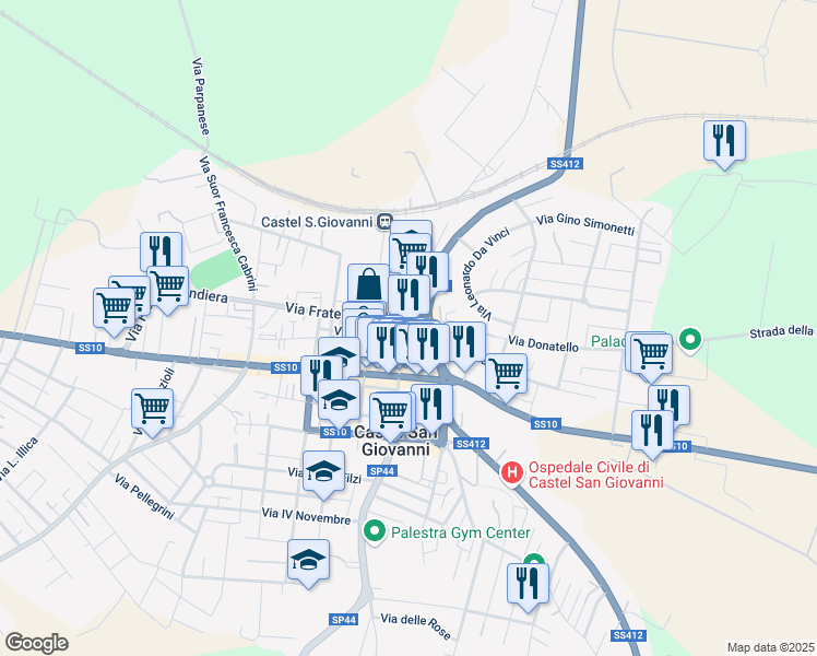 map of restaurants, bars, coffee shops, grocery stores, and more near 36 Via Angelo Calvi in Castel San Giovanni