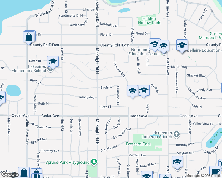 map of restaurants, bars, coffee shops, grocery stores, and more near 2306 Birch Street in White Bear Lake