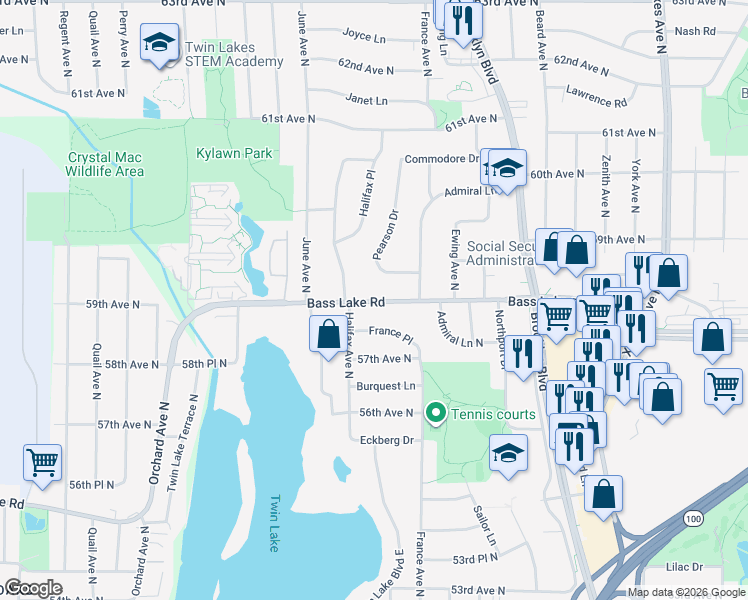 map of restaurants, bars, coffee shops, grocery stores, and more near 3825 Bass Lake Road in Minneapolis