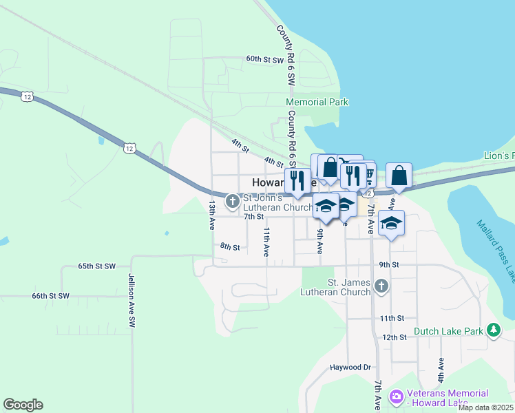 map of restaurants, bars, coffee shops, grocery stores, and more near 1111 7th Street in Howard Lake
