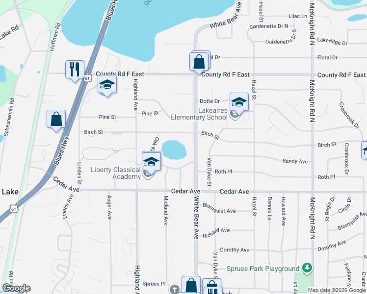 map of restaurants, bars, coffee shops, grocery stores, and more near 3931 White Bear Parkway in White Bear Lake