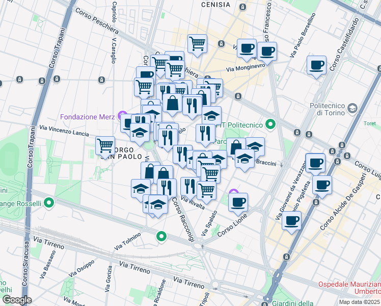 map of restaurants, bars, coffee shops, grocery stores, and more near 75 Via Paolo Braccini in Torino