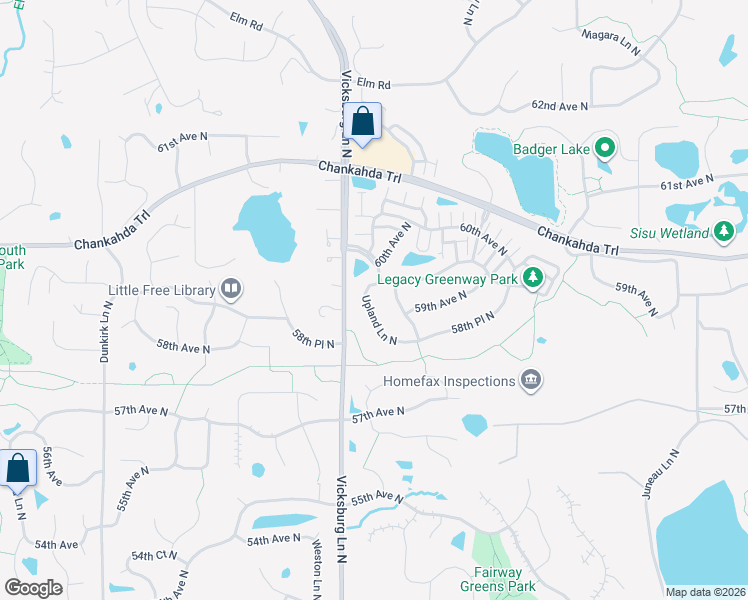 map of restaurants, bars, coffee shops, grocery stores, and more near 5930 Upland Lane North in Plymouth