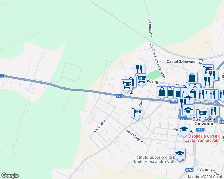 map of restaurants, bars, coffee shops, grocery stores, and more near 2 Via M. Buonarroti in Castel San Giovanni